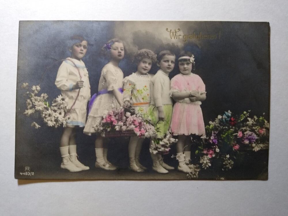 Vintage RPPC German Children Flowers "Wir gratulieren!" Hand Tinted Postcard